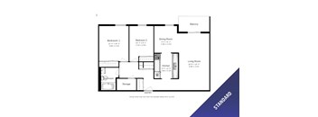 A floor plan of a house with a living room, two bedrooms, a dining room, kitchen, bathroom, and storage.