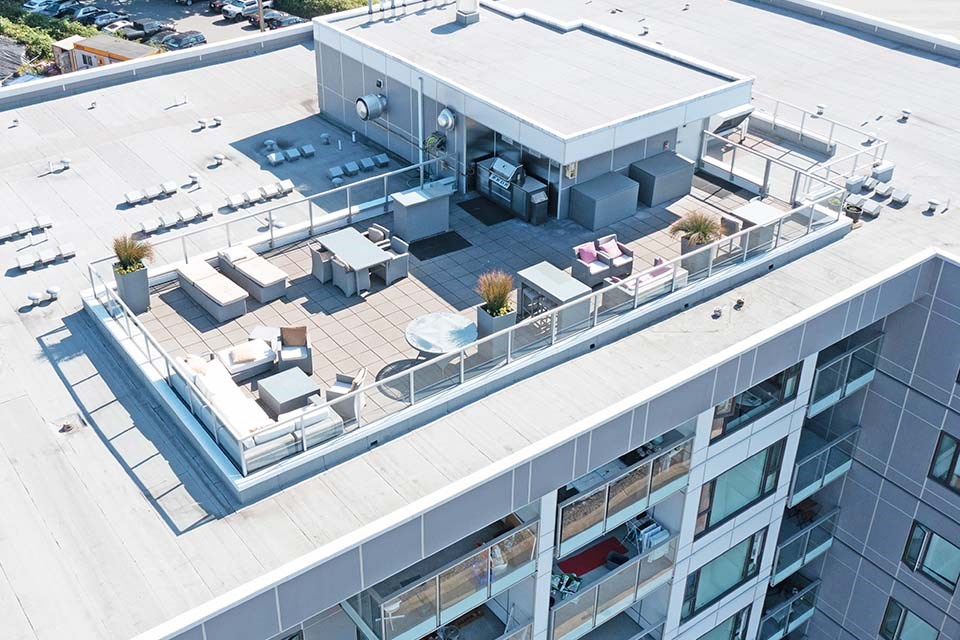 Lynn Creek in North Vancouver, BC drone image of rooftop patio