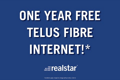 An advertisement for a year of free Telus Fibre Internet from Realstar.