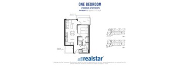 One bedroom, one bathroom apartment layout at Lynnmour Apartments in North Vancouver, BC