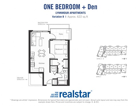 One bedroom den, one bathroom apartment layout at Lynnmour Apartments in North Vancouver, BC