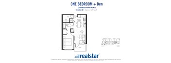 One bedroom den, one bathroom apartment layout at Lynnmour Apartments in North Vancouver, BC
