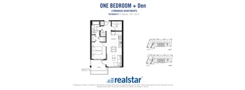 One bedroom den, one bathroom apartment layout at Lynnmour Apartments in North Vancouver, BC