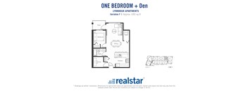 One bedroom den, one bathroom apartment layout at Lynnmour Apartments in North Vancouver, BC