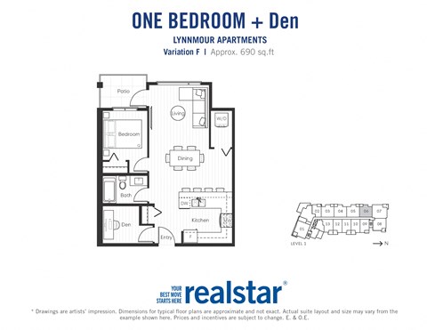 One bedroom den, one bathroom apartment layout at Lynnmour Apartments in North Vancouver, BC