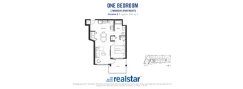 One bedroom, one bathroom apartment layout at Lynnmour Apartments in North Vancouver, BC