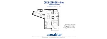 One bedroom den, one bathroom apartment layout at Lynnmour Apartments in North Vancouver, BC