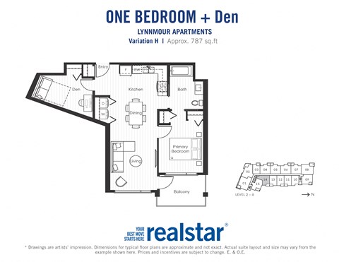 One bedroom den, one bathroom apartment layout at Lynnmour Apartments in North Vancouver, BC