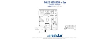 Three bedroom den, one bathroom apartment layout at Lynnmour Apartments in North Vancouver, BC