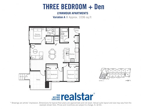 Three bedroom den, one bathroom apartment layout at Lynnmour Apartments in North Vancouver, BC