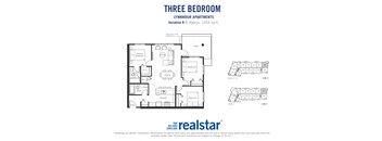 Three bedroom, one bathroom apartment layout at Lynnmour Apartments in North Vancouver, BC