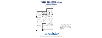 Three bedroom den, one bathroom apartment layout at Lynnmour Apartments in North Vancouver, BC