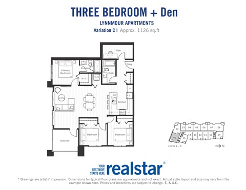 Three bedroom den, one bathroom apartment layout at Lynnmour Apartments in North Vancouver, BC