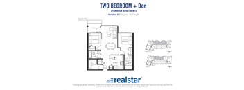 Two bedroom den, one bathroom apartment layout at Lynnmour Apartments in North Vancouver, BC