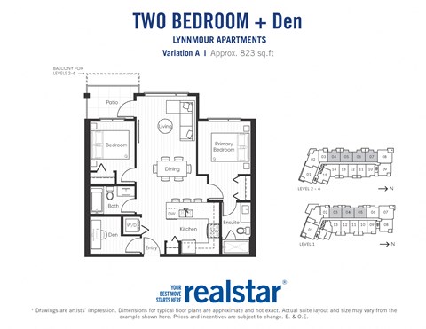 Two bedroom den, one bathroom apartment layout at Lynnmour Apartments in North Vancouver, BC