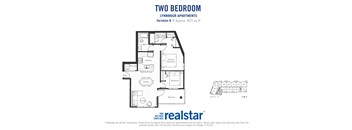 Two bedroom, one bathroom apartment layout at Lynnmour Apartments in North Vancouver, BC