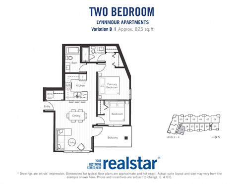 Two bedroom, one bathroom apartment layout at Lynnmour Apartments in North Vancouver, BC