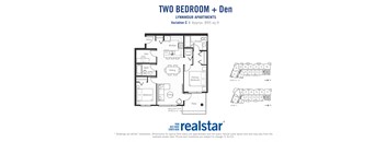 Two bedroom den, one bathroom apartment layout at Lynnmour Apartments in North Vancouver, BC