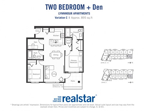 Two bedroom den, one bathroom apartment layout at Lynnmour Apartments in North Vancouver, BC