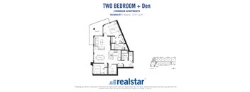 Two bedroom den, one bathroom apartment layout at Lynnmour Apartments in North Vancouver, BC