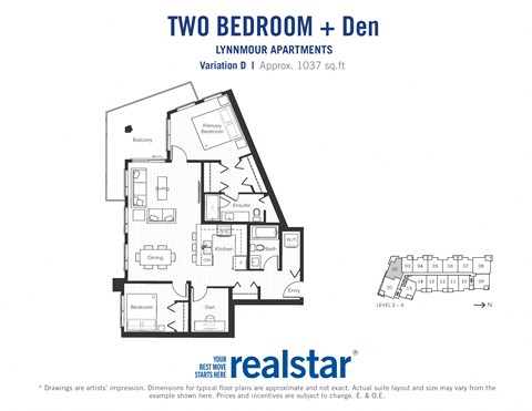 Two bedroom den, one bathroom apartment layout at Lynnmour Apartments in North Vancouver, BC