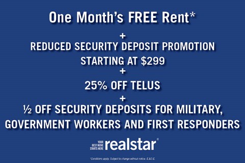 An advertisement for a free rent offer from Realstar, including a security deposit promotion and discounts for military, government workers, and first responders.