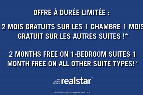 A promotional image for Realstar offers two months free on 1-bedroom suites and one month free on all other suite types.