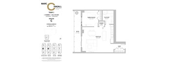 A floor plan for a one bedroom, one bathroom apartment at Marc Chagall Apartments in Côte Saint-Luc.
