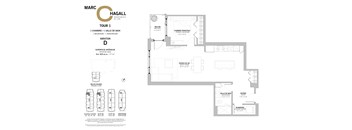 A floor plan for a one bedroom, one bathroom apartment at Marc Chagall Apartments in Côte Saint-Luc.