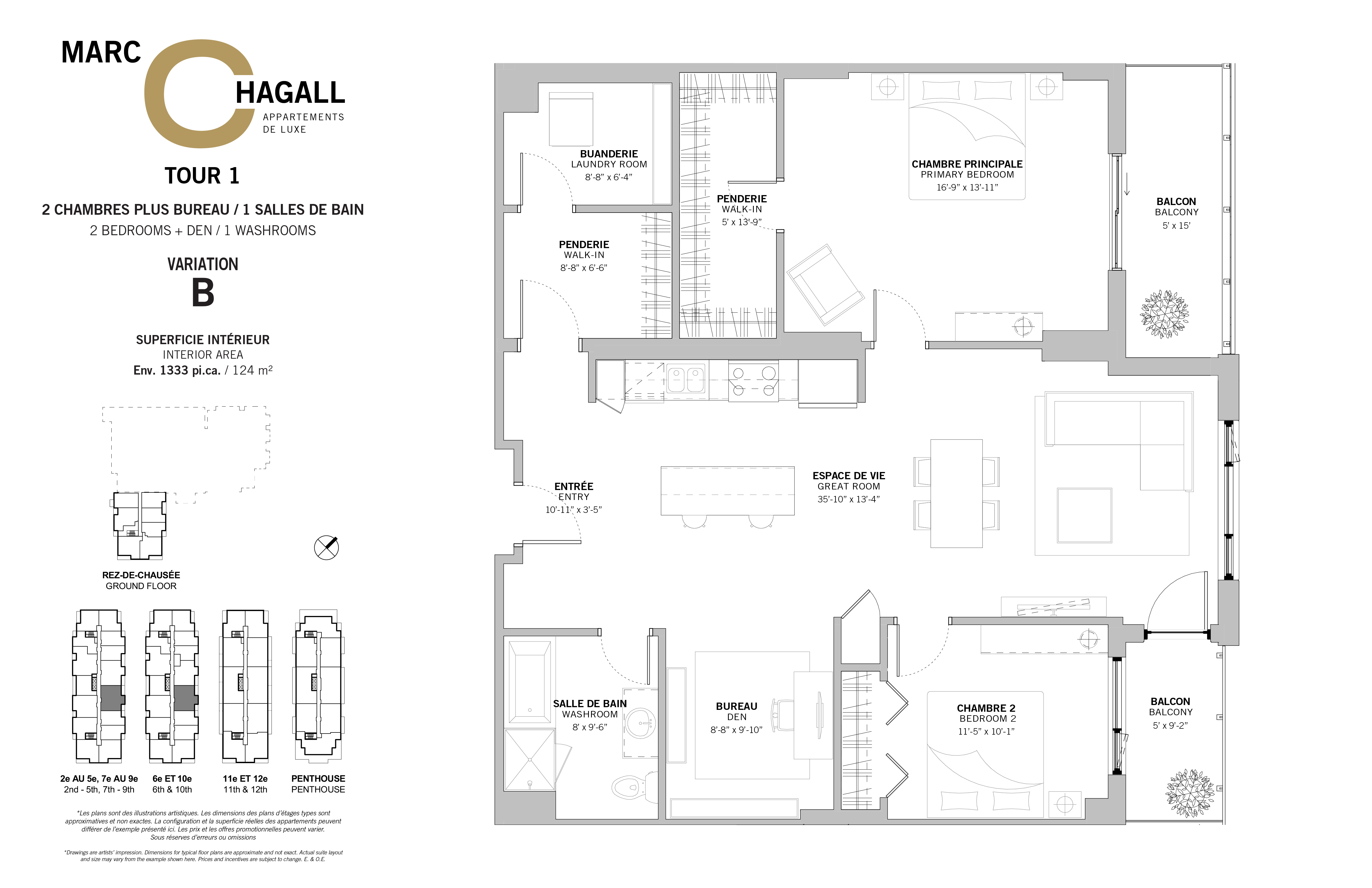 A floor plan for a two bedroom, one bathroom apartment at Marc Chagall Apartments in Côte Saint-Luc.