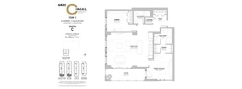 A floor plan for a two bedroom, two bathroom apartment at Marc Chagall Apartments in Côte Saint-Luc.