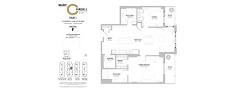 A floor plan for a two bedroom, two bathroom apartment at Marc Chagall Apartments in Côte Saint-Luc.
