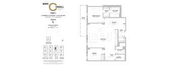 A floor plan for a two bedroom, two bathroom apartment with a den at Marc Chagall Apartments in Côte Saint-Luc.