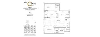 A floor plan for a three bedroom, two bathroom apartment at Marc Chagall Apartments in Côte Saint-Luc.
