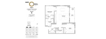 A floor plan for a property by Marc Hagall shows two bedrooms and two bathrooms.