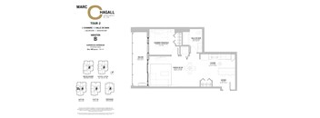 A floor plan for a property by Marc Hagall shows a bedroom, a living room, a kitchen, and a bathroom.