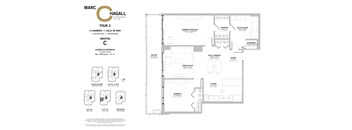 A floor plan for Marc Hagall Apartments shows the layout of two bedrooms, two bathrooms, a living room, a kitchen, and a dining room.