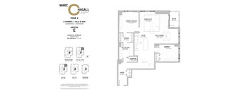A floor plan for Marc Hagall apartments showing the layout of rooms and measurements.