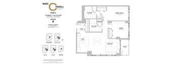 A floor plan for Marc Hagall Apartments shows two bedrooms and two bathrooms in each apartment.