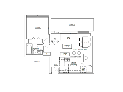 One bedroom, one bathroom apartment layout at Market Street Apartments in Hamilton, ON