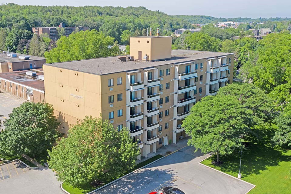 Marlan Towers in Owen Sound, ON drone image of building