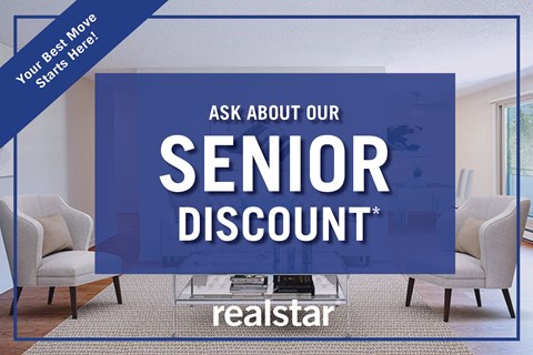 a living room with chairs and a tv with the text ask about our senior discount