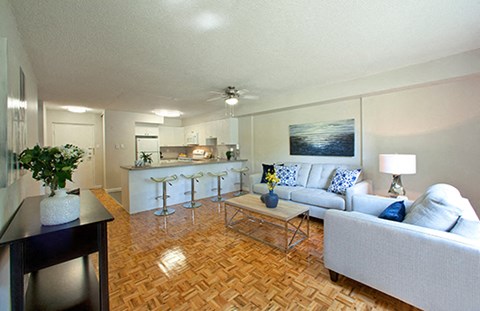 a living room and kitchen with a couch and a table