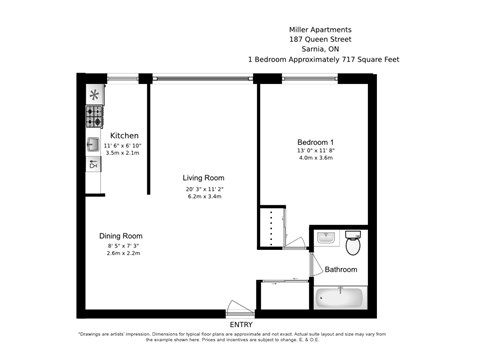 One bedroom, one bathroom apartment layout at Miller Apartments in Sarnia, ON
