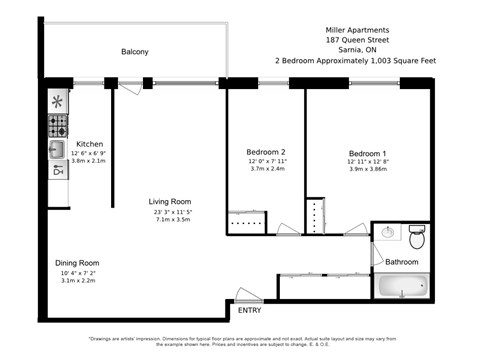 Two bedroom, one bathroom apartment layout at Miller Apartments in Sarnia, ON