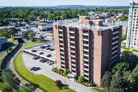 Millside Tower drone image of exterior of building in Milton, ON