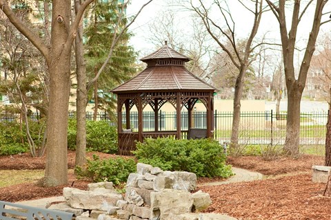 Millside Towers gazebo on property grounds in Milton, ON