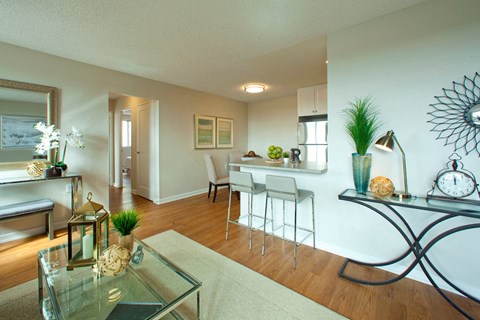 view of kitchen built-in breakfast bar from living room in Milton, ON