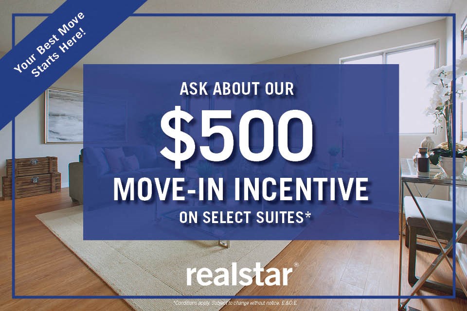 $500 move in incentive on select suites  at Millside Tower in Milton Ontario