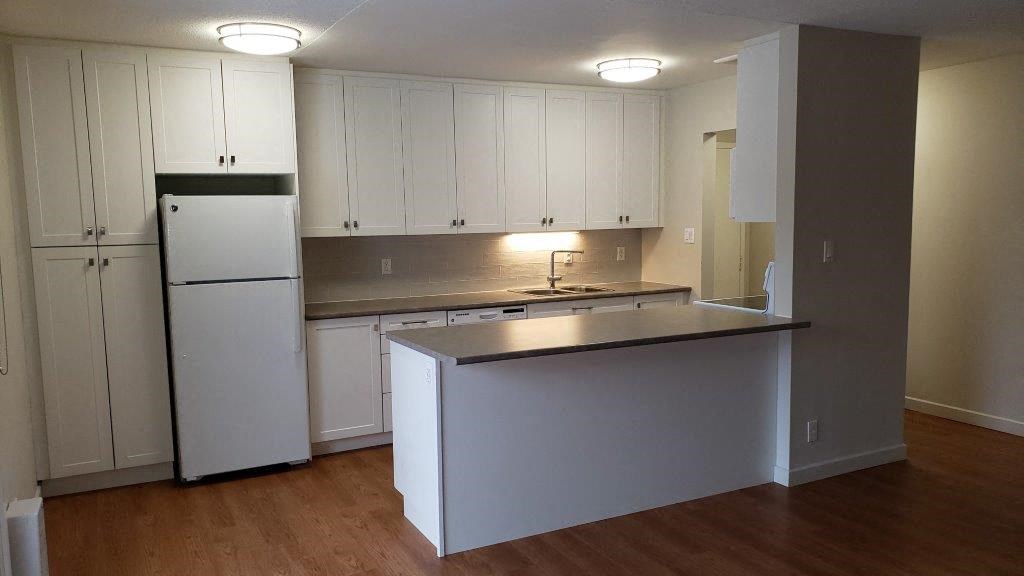 Refinished kitchen in an open concept layout at Moira Apartments in Belleville, ON.